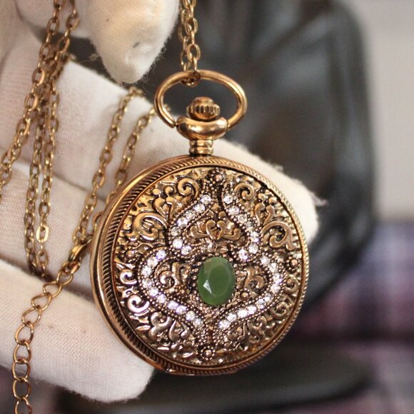 Vissun Pocket Watch Pendant Necklace Rhinestones Scrollwork WORKS main image 14